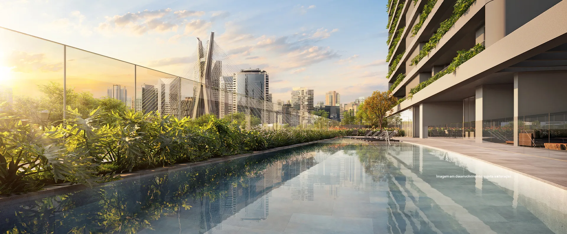 Piscina descoberta do condomínio, com a Ponte Estaiada ao fundo · imagem ilustrativa da Even