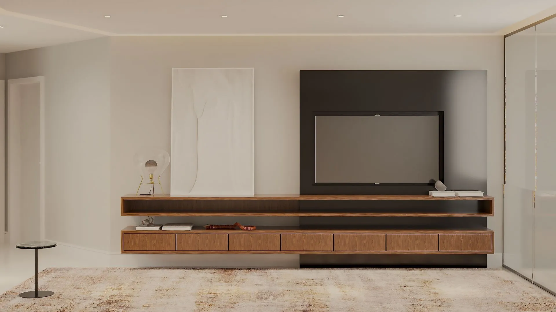 Hall do mezanino com painel de TV · 1º pavimento · imagem ilustrativa do projeto