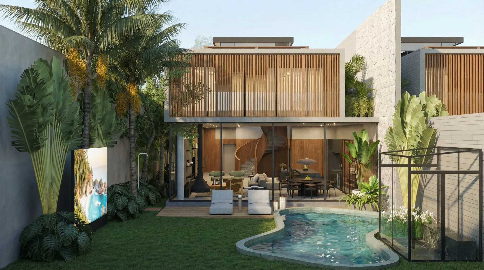 Jardim com piscina e a casa ao fundo · imagem ilustrativa do estudo preliminar