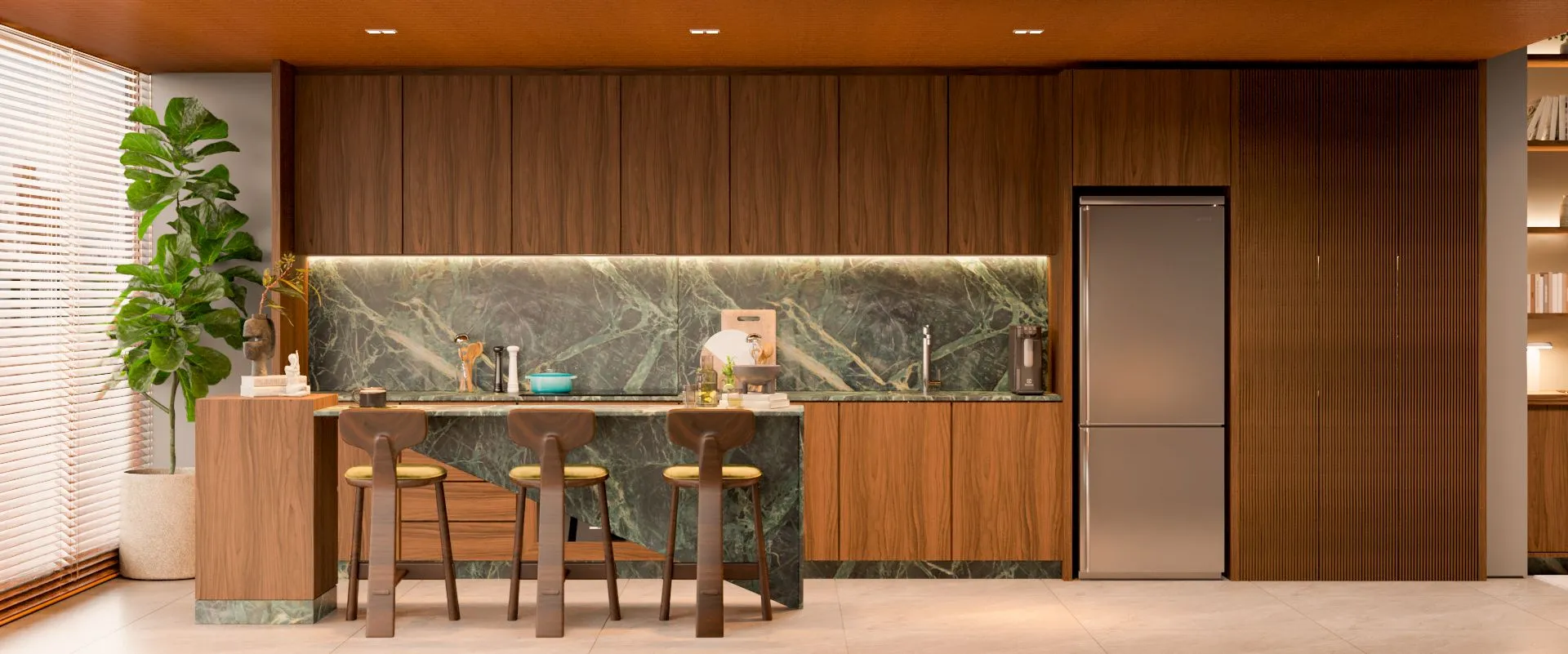 Sala: cozinha em marcenaria de madeira, frontão em mármore verde e balcão com banquetas · imagem ilustrativa do projeto